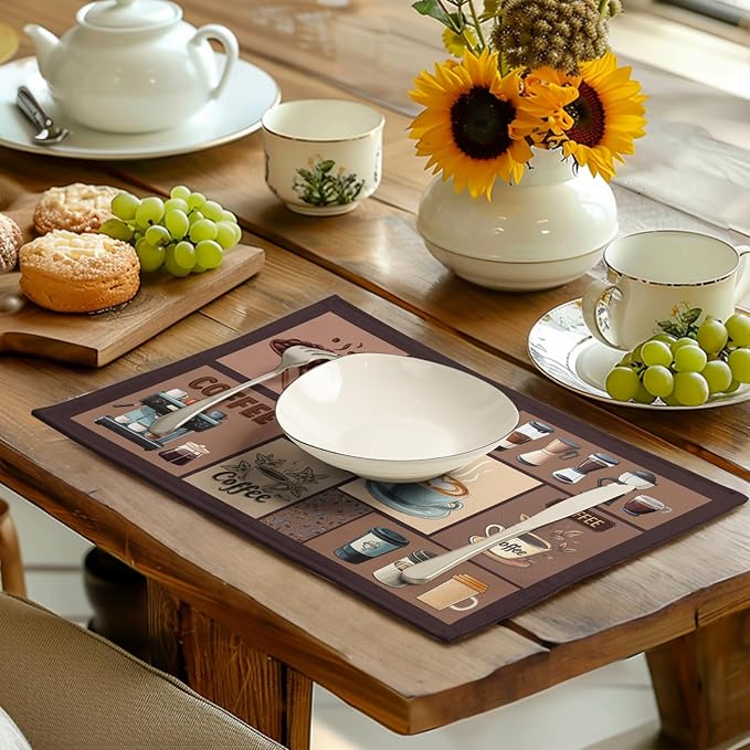 Coffee Theme Placemats Set of 4 Farmhouse Style Brown Linen Fabric Table Mat - Image 6