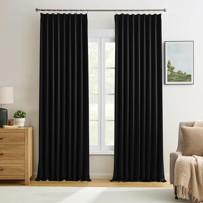KEQIAOSUOCAI Black Pinch Pleated 60 Inch Wide Curtains 60 x 90, Thermal by KEQIAOSUOCAI