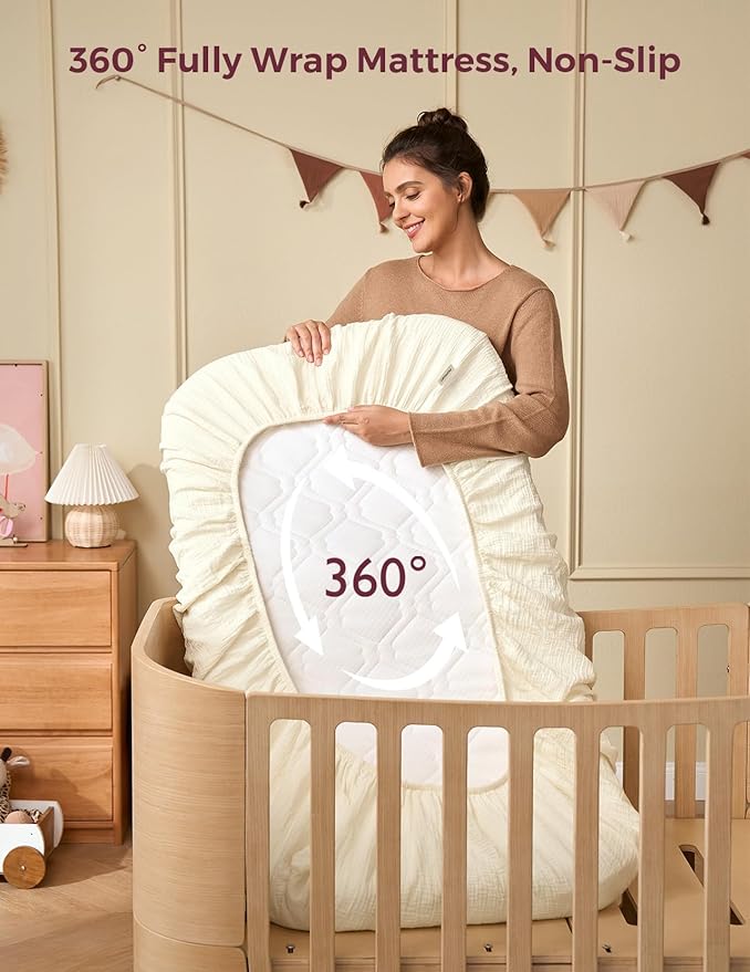 Momcozy Muslin Standard Fitted Crib Sheets, 2 Pack Soft Breathable Natural - Image 6