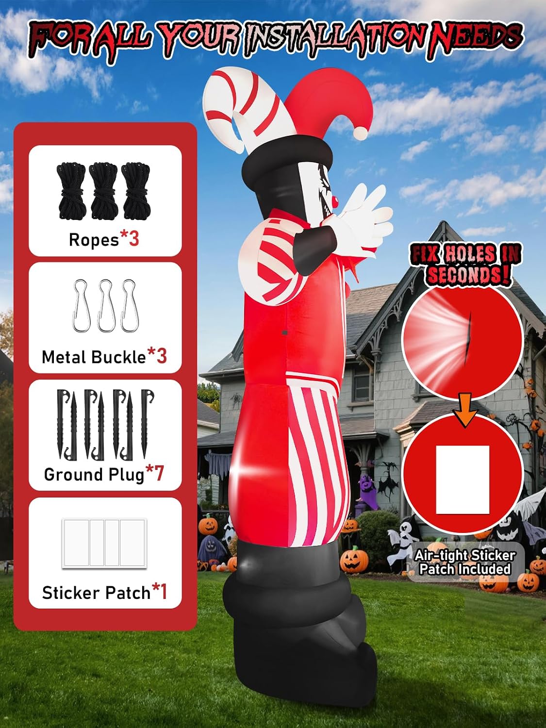 12FT Giant Halloween Inflatable Decoration, Kalolary Red Costume Scary Clown Blow Ups with Built-in LED Lights Large Huge Scary Clown Inflatable for Halloween Party Lawn Garden Outdoor Yard Decoration