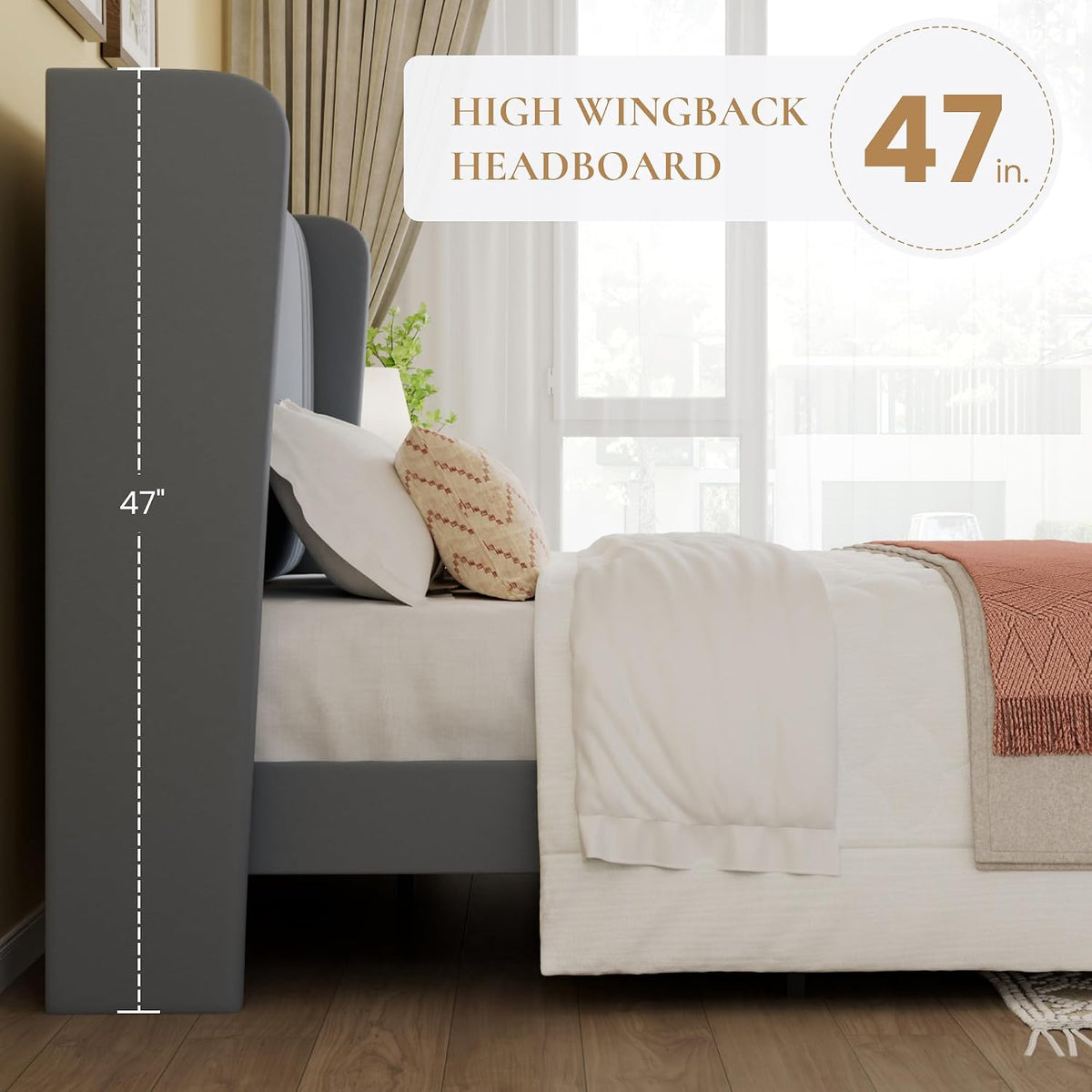 sha cerlin king velvet upholstered bed frame, wingback showing dimensions