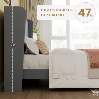 sha cerlin king velvet upholstered bed frame, wingback showing dimensions