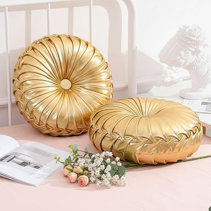 2 Pcs Round Throw Pillows Decorative Polyester Pleated Throw Pillows 15'' by Drydiet