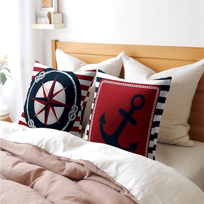 Anchor Compass Throw Pillow Cases Outdoor Nautical Pillow Covers Blue and White - Image 8