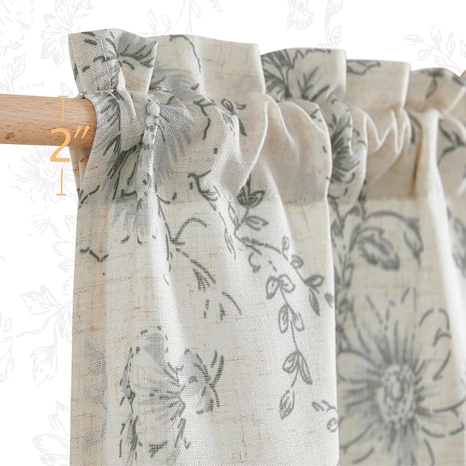 jinchan Floral Linen Tier Curtains Grey Flower on Beige Cafe Curtains 36 Inch - Image 7