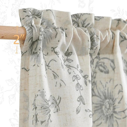 jinchan Floral Linen Tier Curtains Grey Flower on Beige Cafe Curtains 24 Inch - Image 8