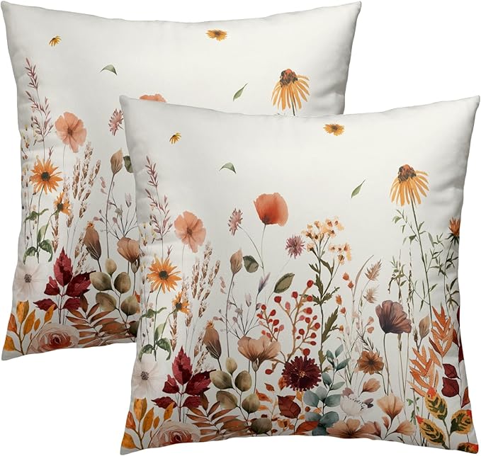 Fall Floral Throw Pillow Covers 24x24inch Set of 2 Autumn Flowers Harvest by Granbey