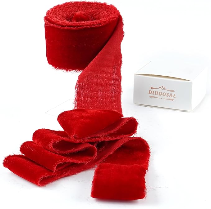 Red Velvet Ribbon for Christmas Decorations 1.5 Inch Raw Edge Rustic Frayed by DINDOSAL