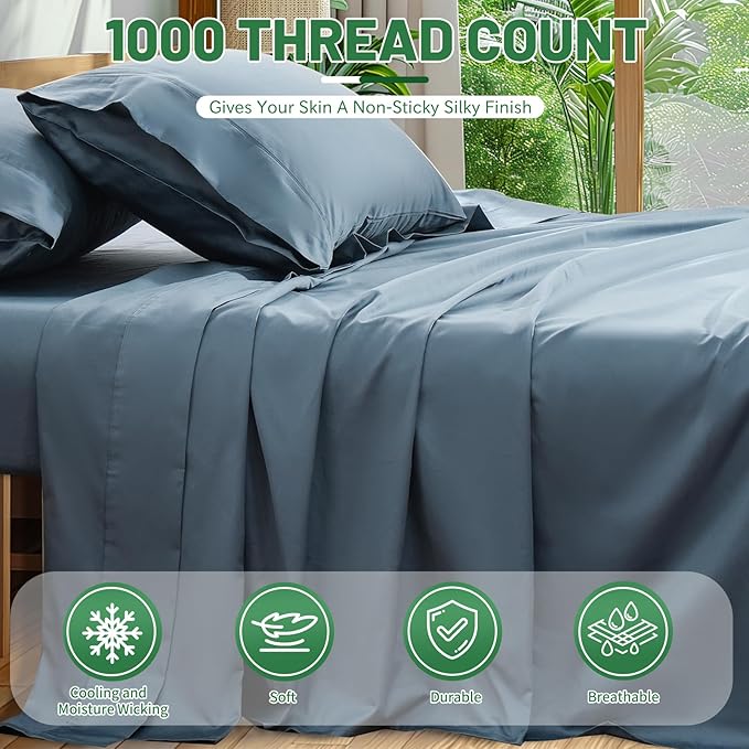 Egyptian Cotton Sheets Full Size 1000 Thread Count Sateen Weave Soft Breathable - Image 2
