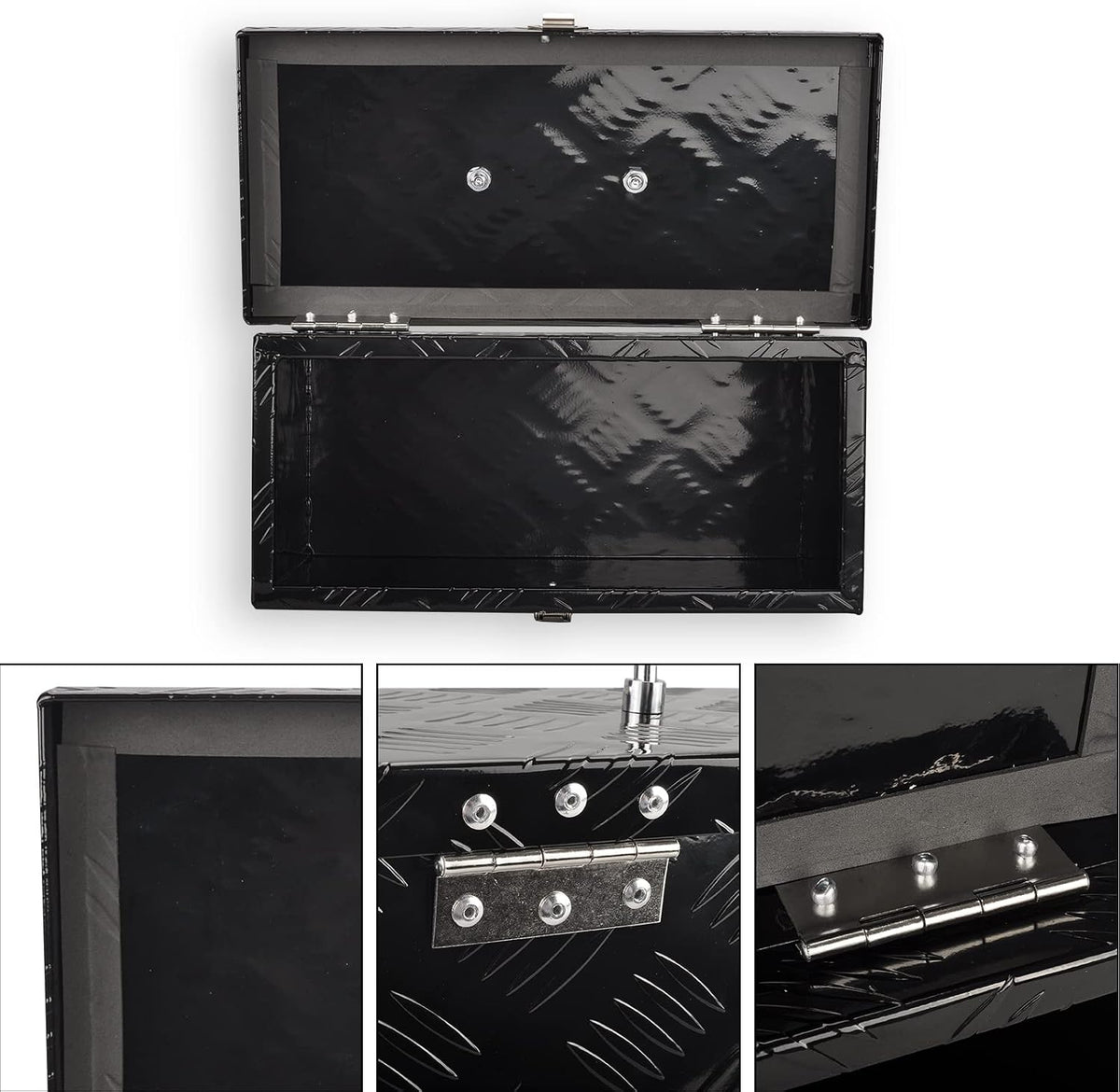 aluminum truck tool box with top handle, black(16"×7.5"×10"), close-up detail