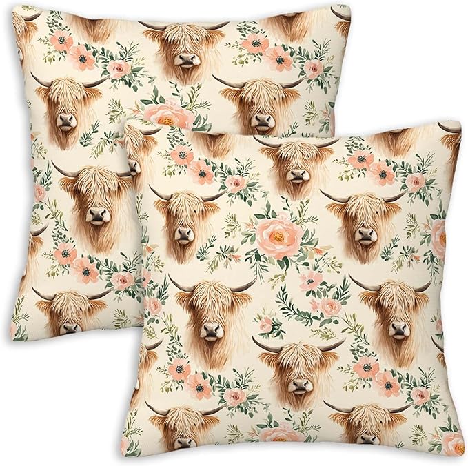 Highland Cow Throw Pillow Covers Set of 2 | 18x18 Inches Cushion Cases by Unknown
