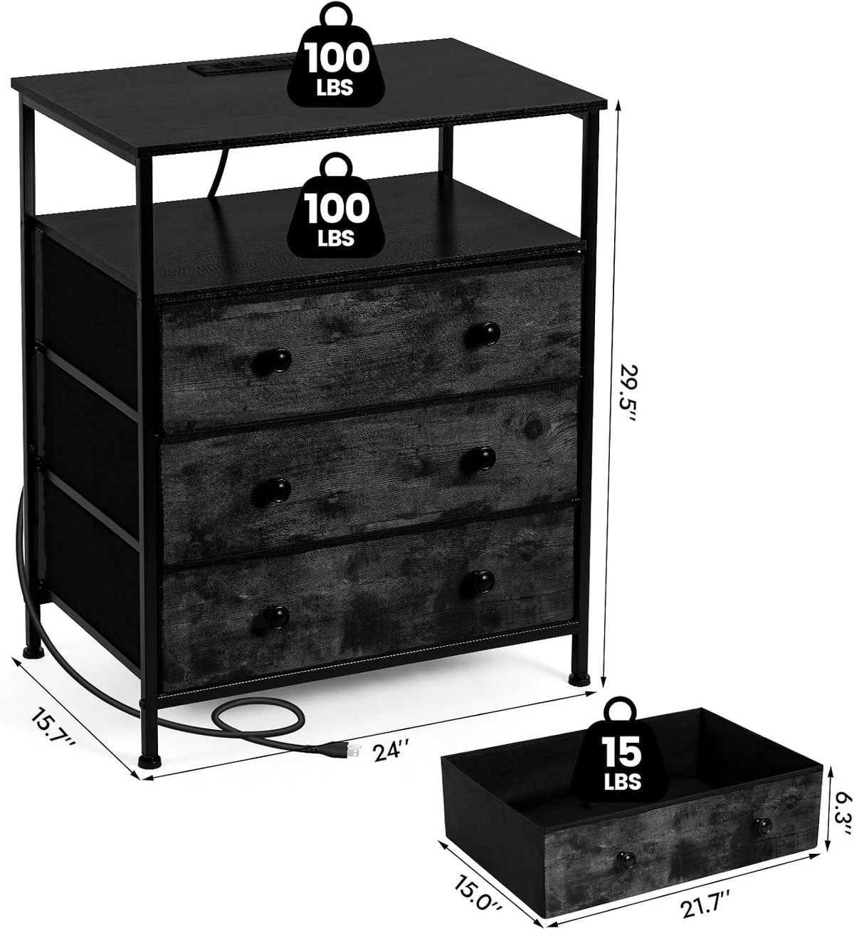 3-drawer led nightstand with charging station, black., close-up detail