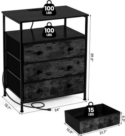 3-drawer led nightstand with charging station, black., close-up detail