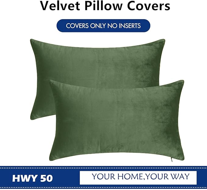 HWY 50 Moss Green Velvet Rectangular Throw Pillow Covers 12x20 Inch - Image 6