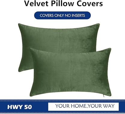 HWY 50 Moss Green Velvet Rectangular Throw Pillow Covers 12x20 Inch - Image 6