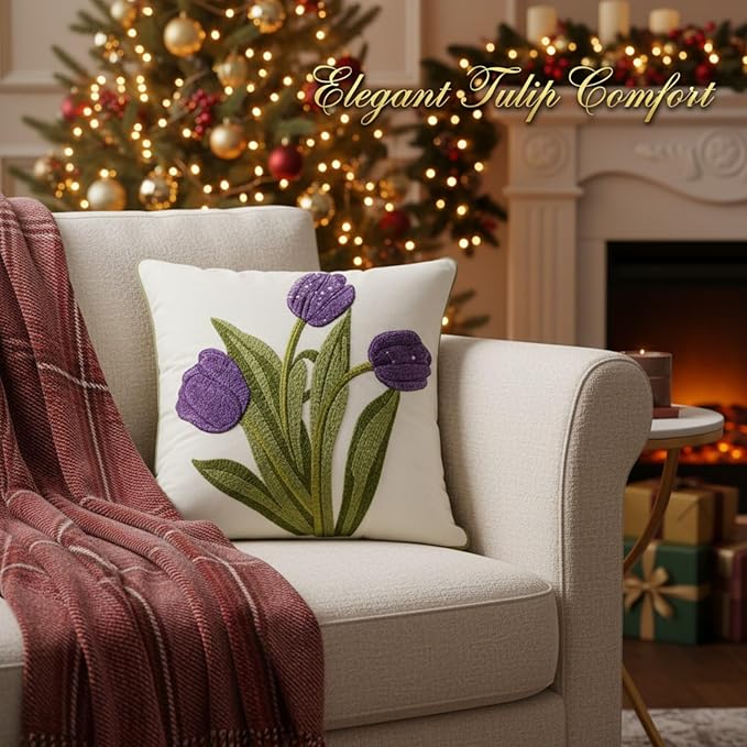 18x18 Embroidered Throw Pillow Covers Set – Purple Tulip Cotton Decorative - Image 8