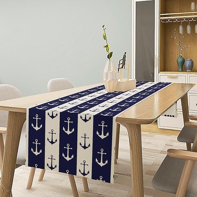 Nautical Anchor Table Runner, Ocean Beach Coastal Beach Stripe Background Theme - Image 3