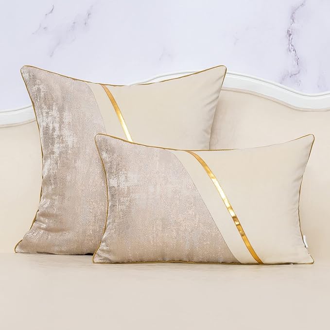 Alerfa 18 x 18 Inch Off White Beige Gold Leather Patchwork Velvet & Polyester - Image 3