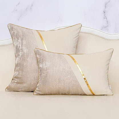Alerfa 18 x 18 Inch Off White Beige Gold Leather Patchwork Velvet & Polyester - Image 3