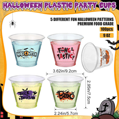 Uiifan 100 Pcs Halloween Party Cups Disposable Plastic Clear Bulk,9 oz