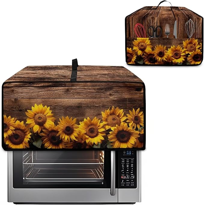 Microwave Oven Cover Vintage Sunflower Wood Grain Print Waterproof Toaster Oven - Image 2