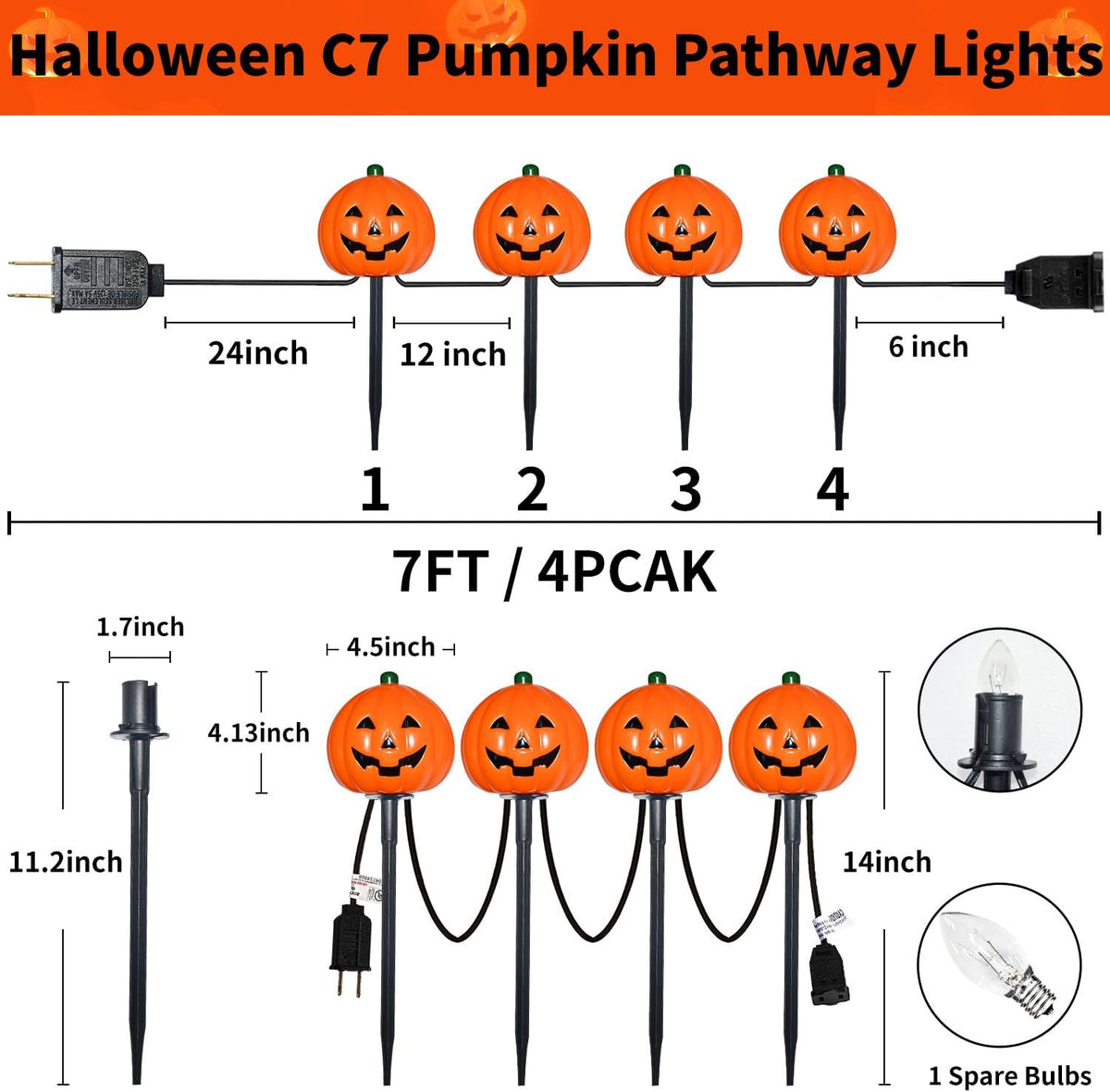 2 Sets 7Ft Halloween Decorations Pathway Lights Outdoor Pumpkin Stake Lights with 8 Jack-O Lantern Pumpkin Lights, 5 C7 LED Bulbs and 8 Stakes for Walkway Driveway Garden Lawn Lighting and Decor