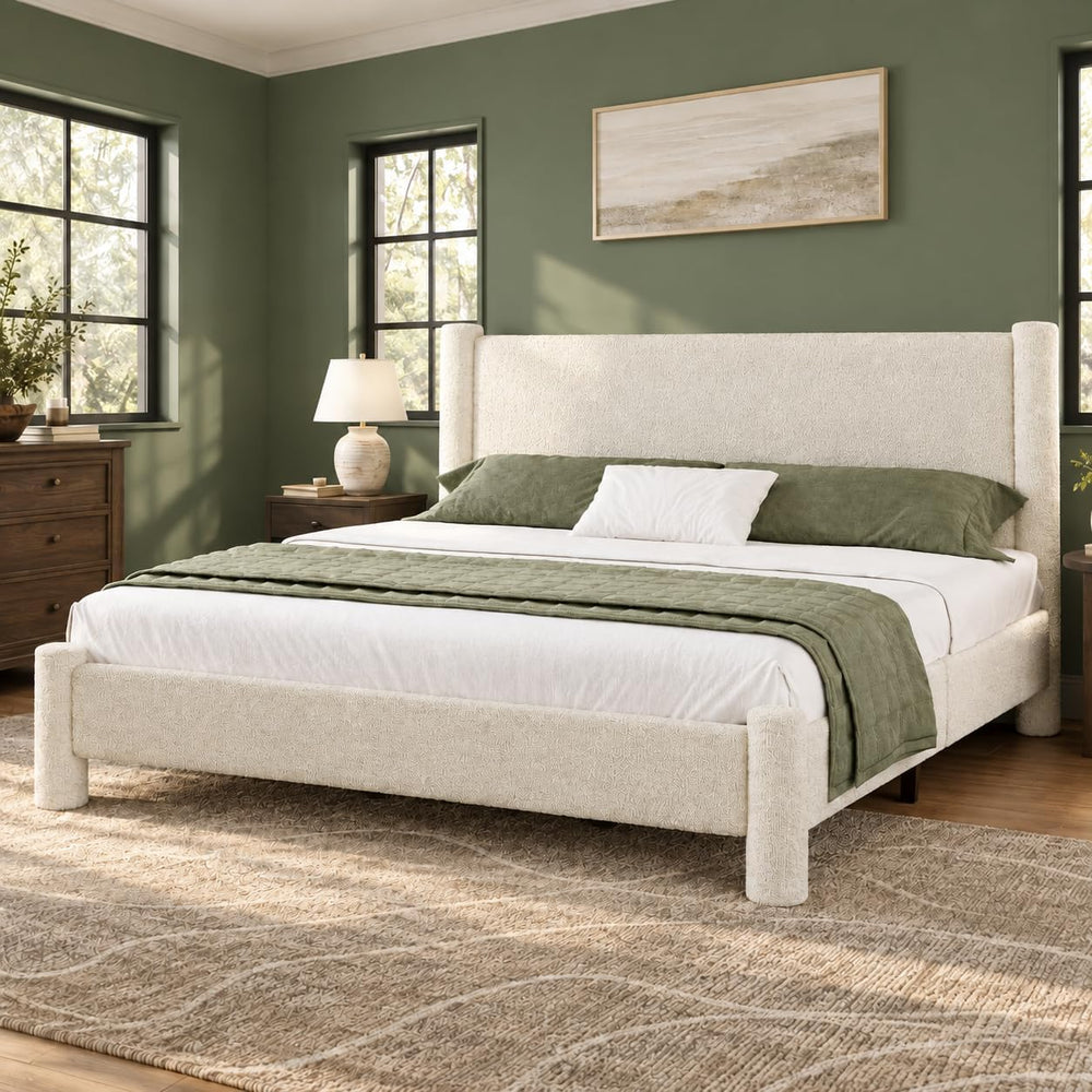 REVOMINCA King Size Cloud Bed Frame, Boucle Upholstered Platform Bed, Cream