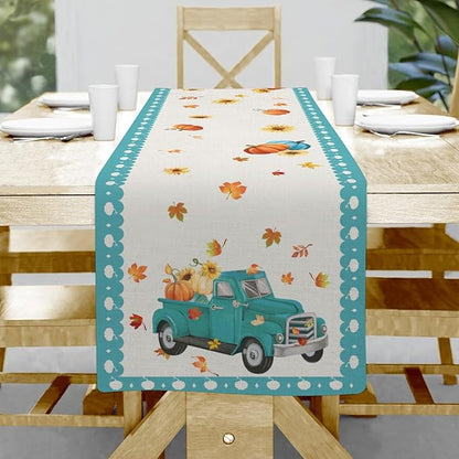 Pumpkin Table Runner, Thanksgiving Linen Farmhouse Table Runners, Kitchen by Hliyty