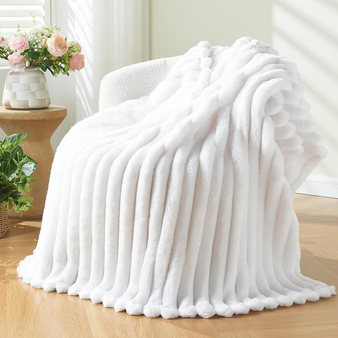 NEWCOSPLAY Super Soft King Blanket White Premium Silky Flannel Fleece 3D Ribbed - Image 7