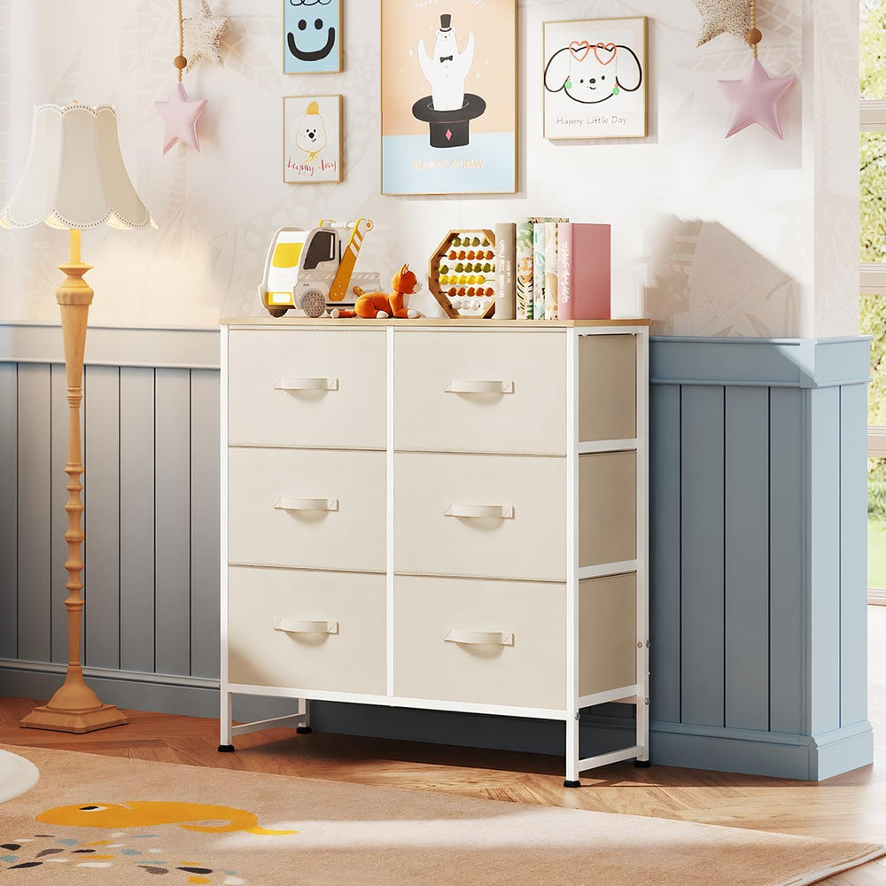 WLIVE Beige Fabric Dresser for Bedroom, 6 Drawer Dressers, Chest of Drawers