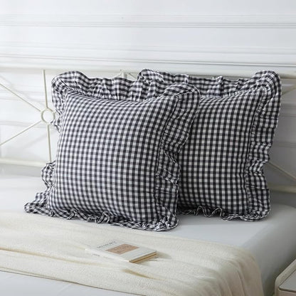 Black/White Plaid Ruffle Throw Pillow Covers Set of 2, Checkered Washed Cotton - Image 2