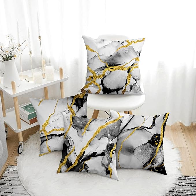 Black Gold Grey Marble Throw Pillows Covers 18x18 Inch Set of 4, Abstract - Image 5