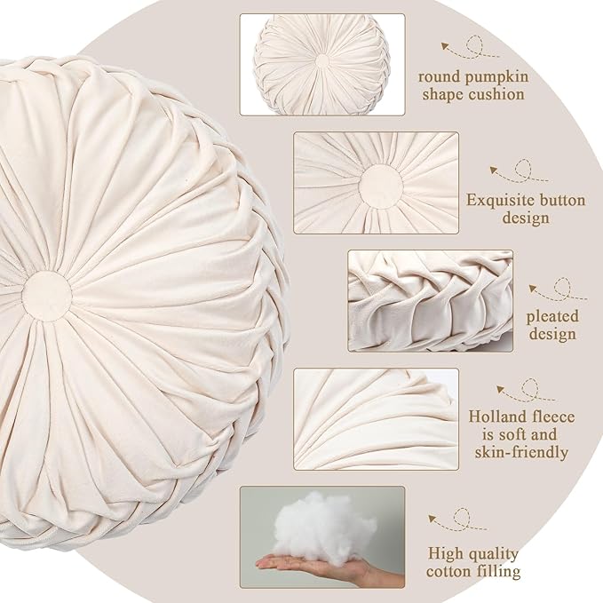 1 Pcs Round Throw Pillows Decorative Velvet Pleated Throw Pillows 15'' Diameter - Image 3