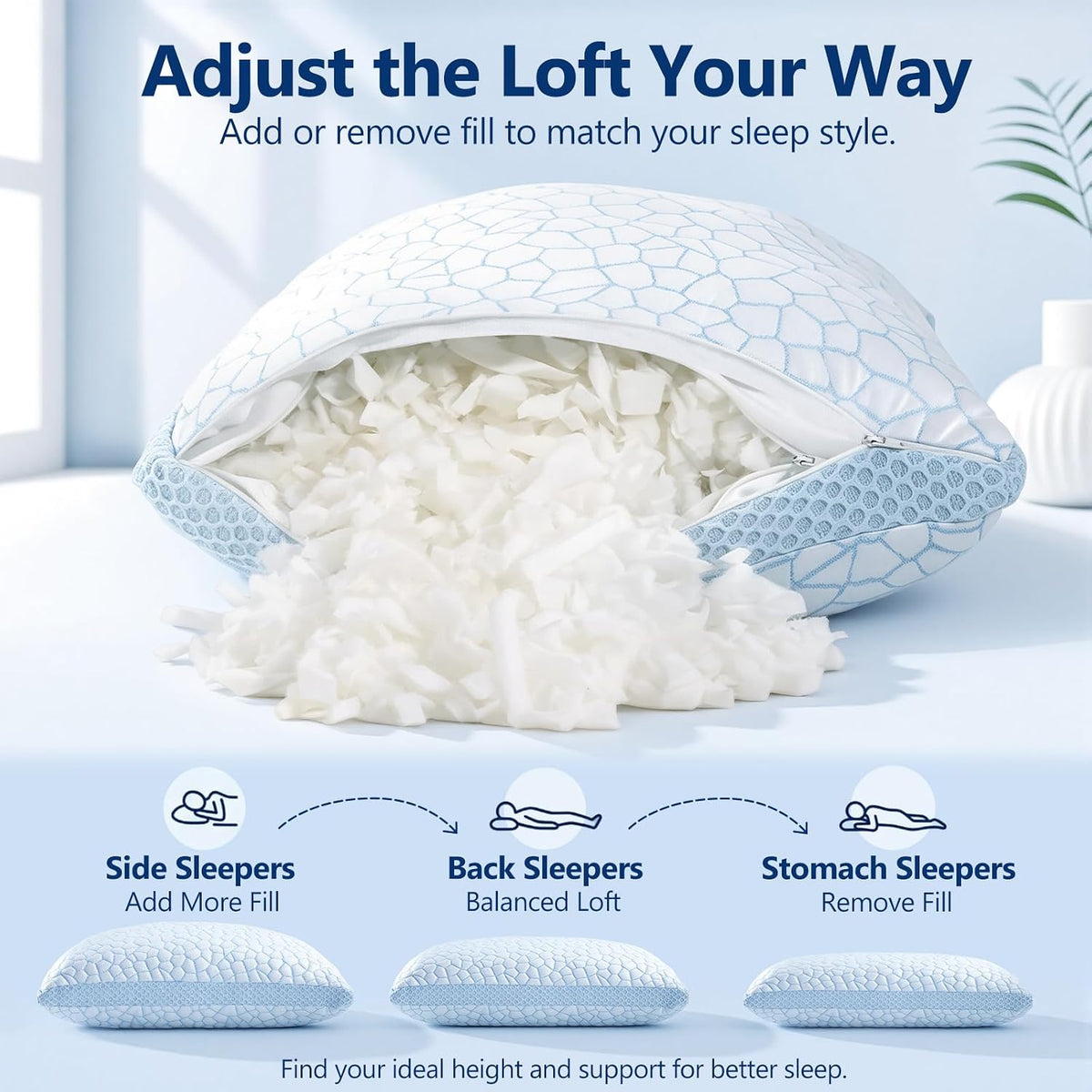 qutool enhanced cooling pillows for sleeping, certipur-us shredded, close-up detail