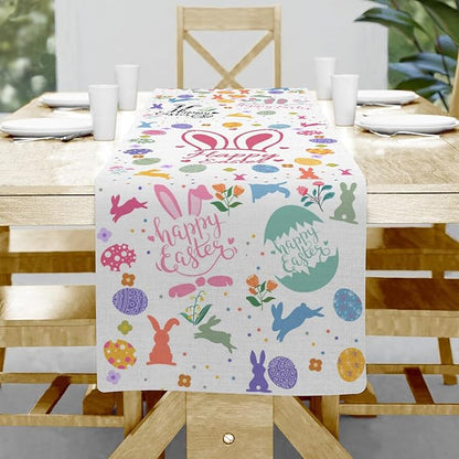 Happy Easter Table Runner, Easter Rabbits Linen Farmhouse Table Runners by Hliyty