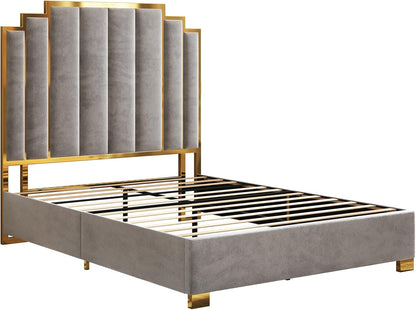 amerlife queen size velvet upholstered bed with gold, front angle view