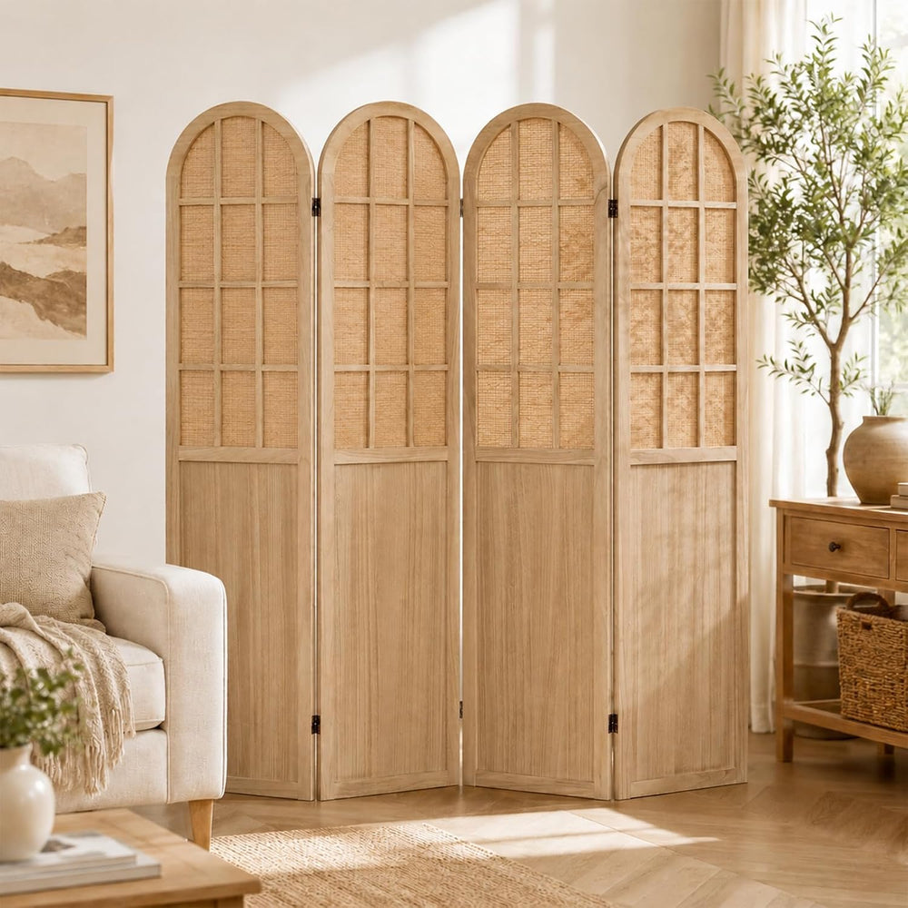 4 Panel Room Divider Privacy Screen Bamboo Wood Light Brown