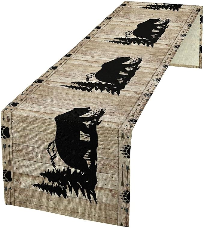 Bear Table Runner, Wild Animals Rustic Cabin Forest Bear Print Wooden Board by Unknown