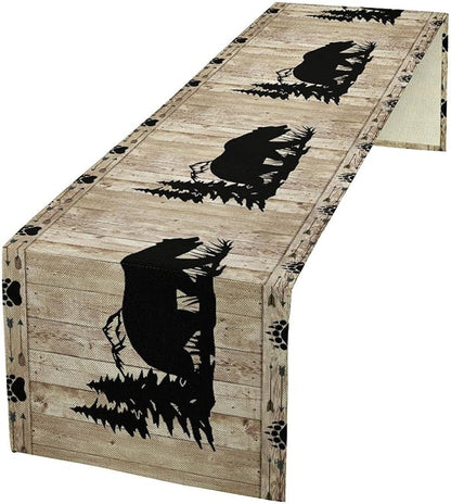 Bear Table Runner, Wild Animals Rustic Cabin Forest Bear Print Wooden Board by Unknown