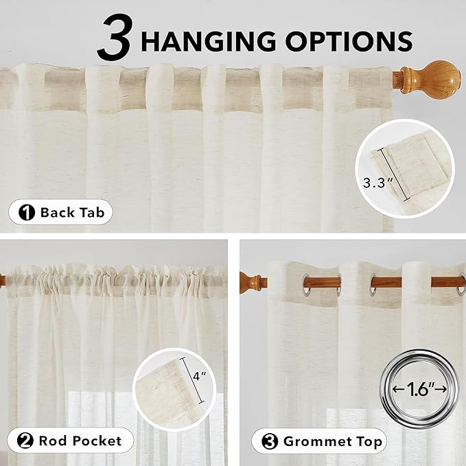 Deconovo Linen-Feel Sheer Curtains, 2 Panels Set, Grommet Top, Sustainable - Image 4