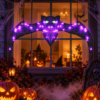 Lighted Hanging Bat Halloween Window Decorations, Large Spooky Glowing Purple LED Bat Halloween Decorations Outdoor Indoor with Auto-Timer, Sparkling Plush & Hooks for Front Porch Window Tree Mantel
