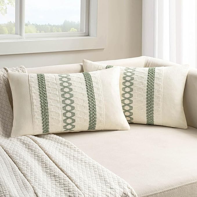MIULEE Set of 2 Sage Green Boho Decorative Lumbar Pillow Covers 12x24 Inch by MIULEE
