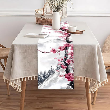 Asian Plum Blossom Table Runner – Elegant Ink Wash Cherry Flower Design – - Image 6