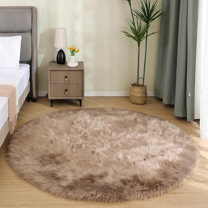 Latepis Light Brown Beige Round Area Rugs 5ft Faux Fur Fuzzy Rugs by Latepis