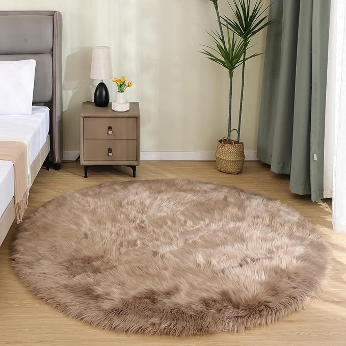 Latepis Large Round Rugs 6ft Light Brown Beige Circle Faux Sheepskin Rug Fluffy by Latepis