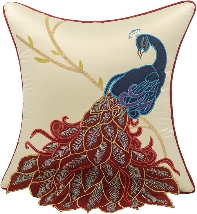 vctops Embroidered Peacock Decorative Throw Pillow Case Silky Satin Cushion by vctops