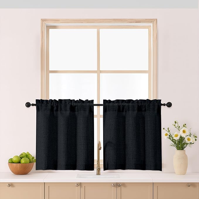 Gwine Black Short Curtains 24 Inch Length 2 Panels, Light Filtering Textured by Gwine