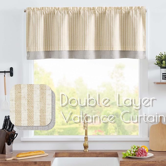 jinchan Linen Striped Valance for Windows 16 Inch Blackout Drapes for Small - Image 2