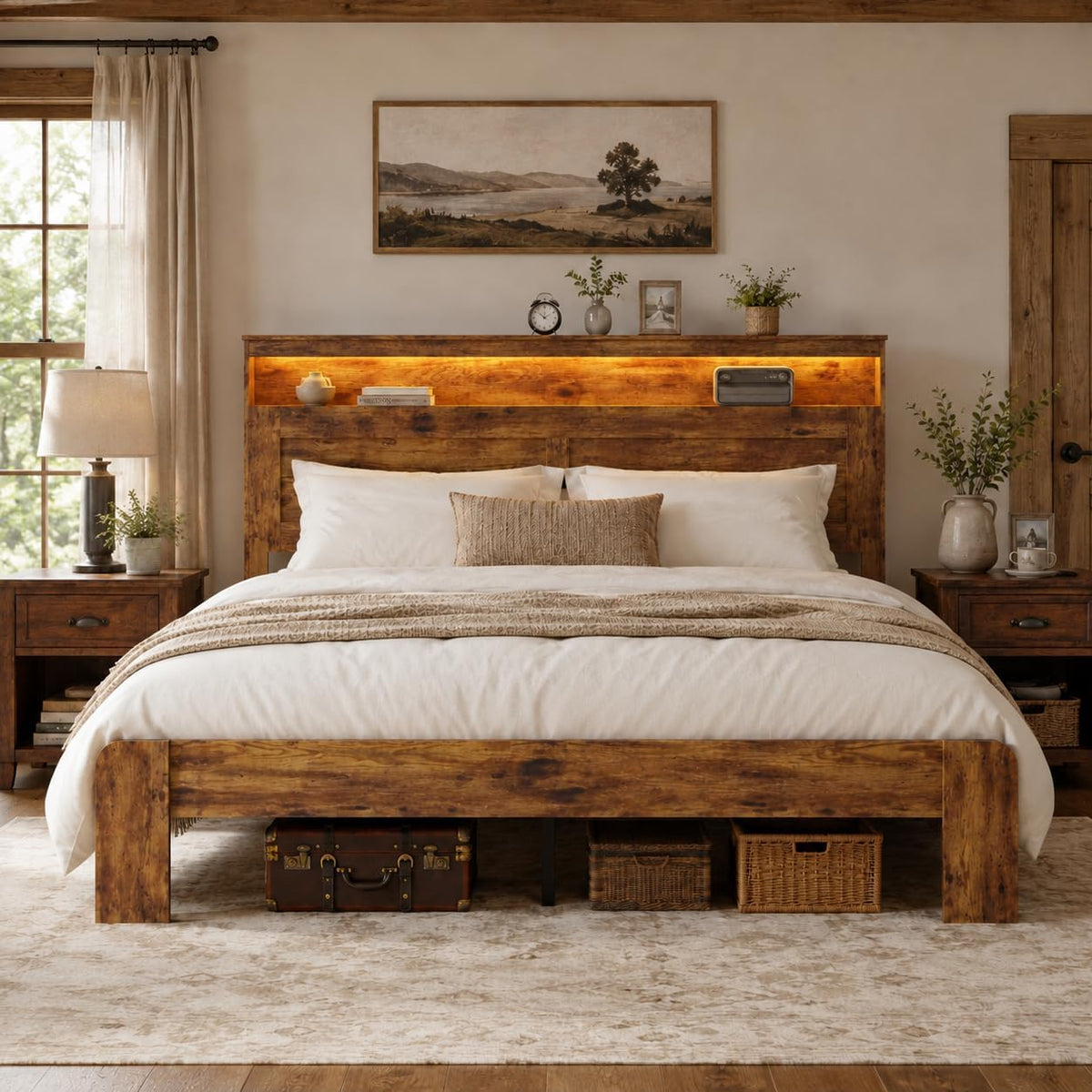 wooden bed frame king size with storage headboard, main product view