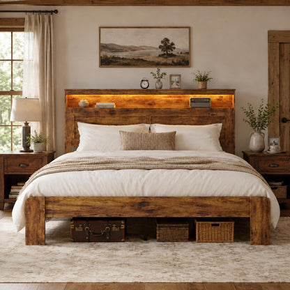 wooden bed frame king size with storage headboard, main product view